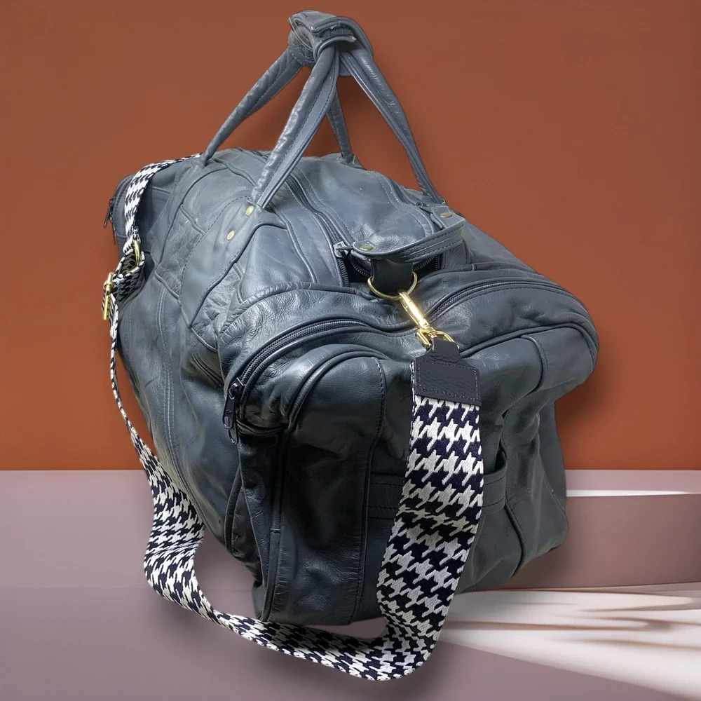 Vintage Leather Duffle Bag Blue Gray Made in Mexico Weekender Carry On Travel